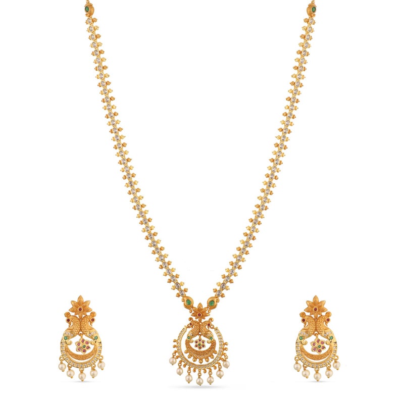 TARINIKA Antique Gold Plated Indian Long Necklace Set for Women with Jhumka, Dangle, Drop Earring Brass Traditional Wedding Desi Jewelry CZ Gemstone Bridal Necklace (Hrida Nakshatra) - Image 1